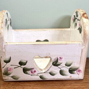 vintage wood heart cutout hand painted roses kitchen napkin holder 7.5" W x 6" T